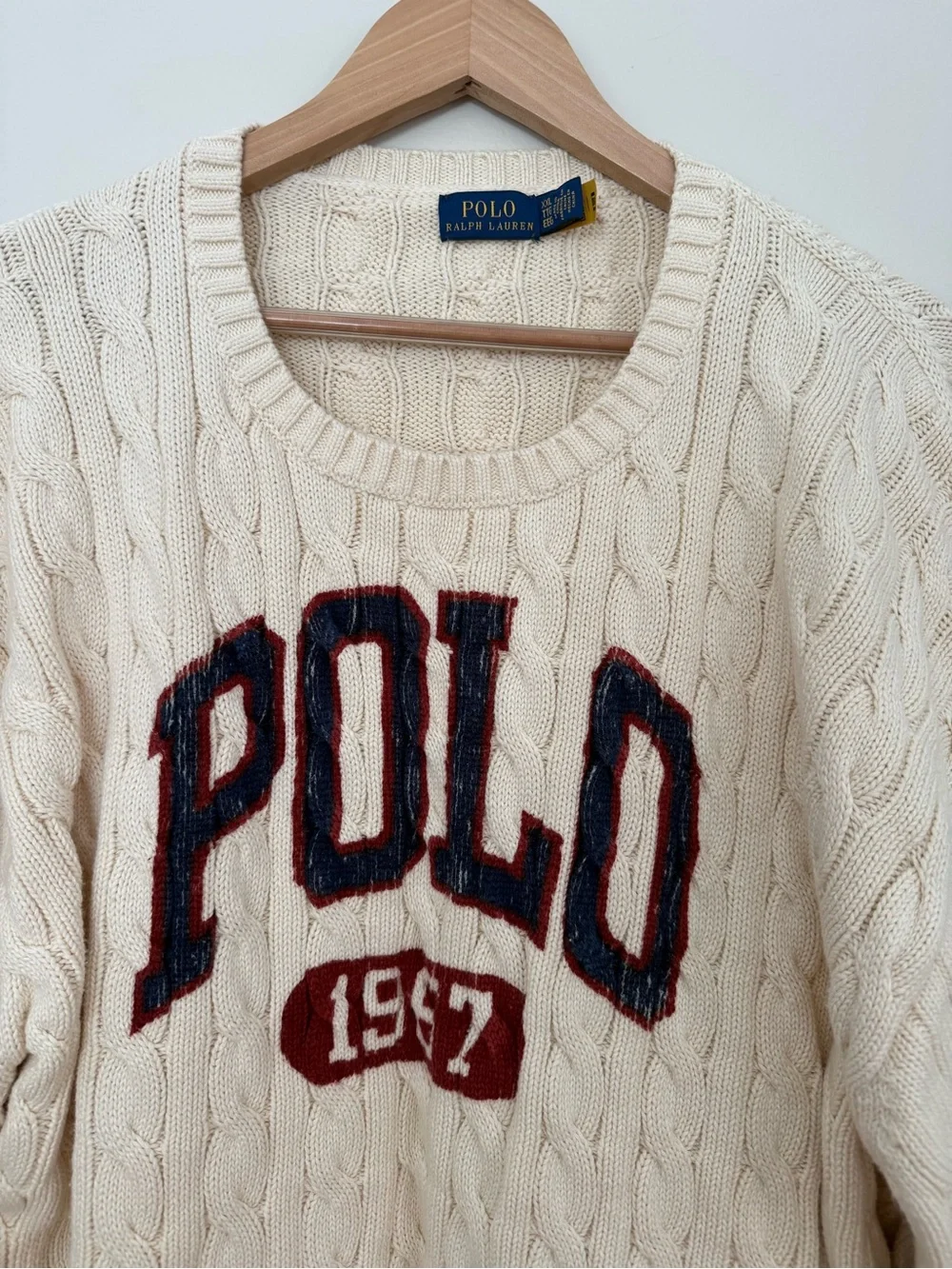 Polo Ralph Lauren Cable Knit Sweater Cream Cotton Size XXL 1967 Spellout Varsity